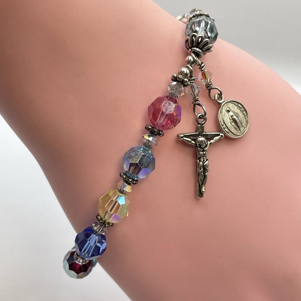 925 Sterling Silver Multicolor Glass Beaded Religious Cross Charm Bracelet